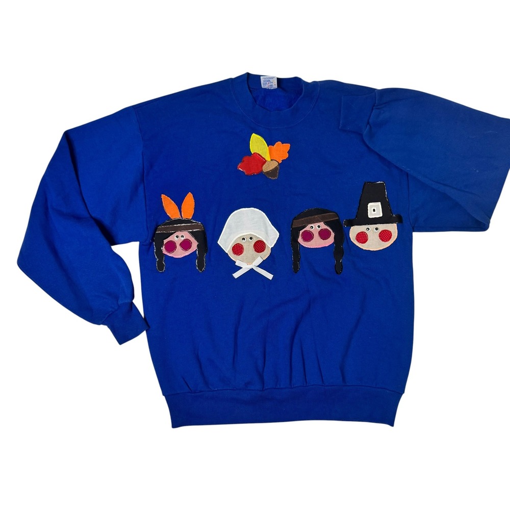 Vintage Thanksgiving Applique Sweatshirt Blue Womens Large USA Made 90s Jerzees